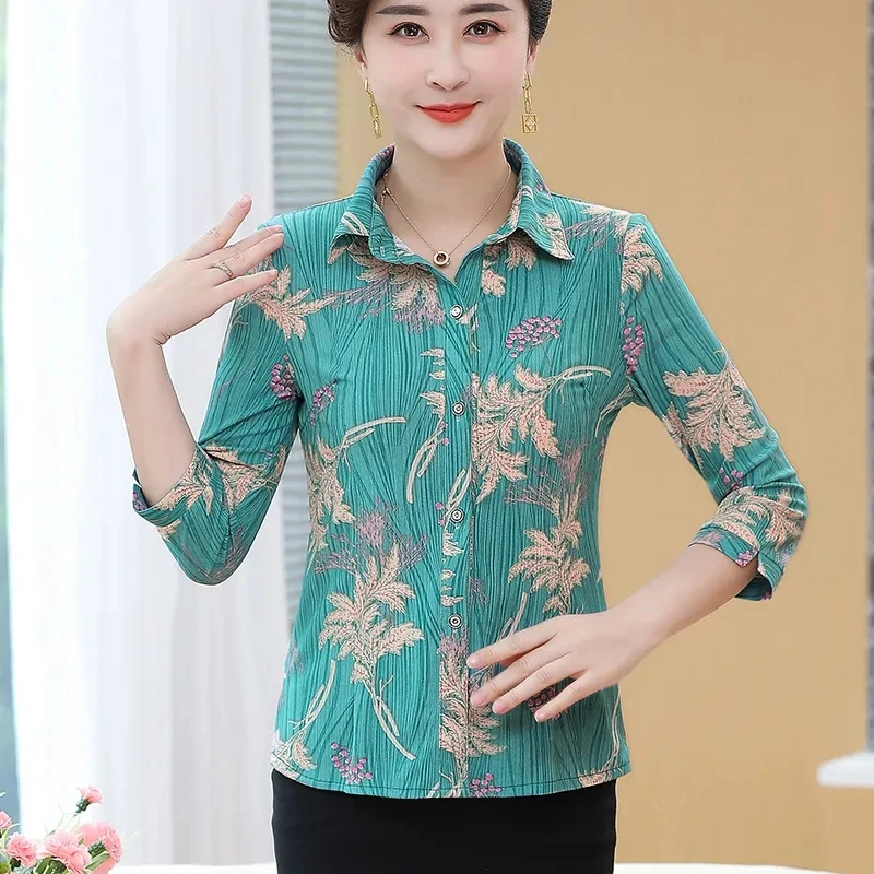 Elegant Middle-aged Women\'s Shirt And Tops Summer New Printed Casual 3/4 Sleeve Elastic Blouse Middle Aged Mother Blusas 5XL