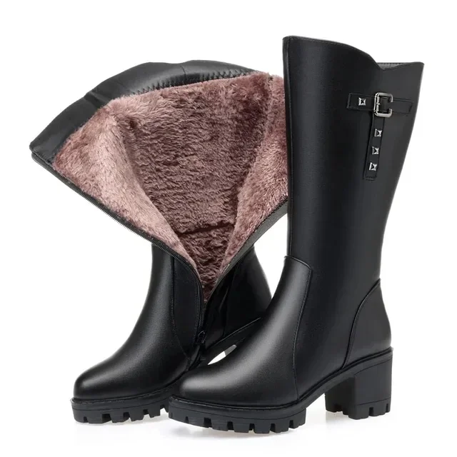 Women Winter Boots High Heels New Warm Wool Large Size Women Long Boots Roman Style Genuine Leather Women Riding Boots