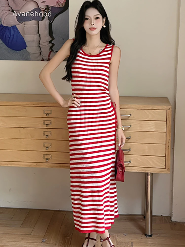Women Red Striped Knitted Chic Bandage Long Dress Summer Elegant Casual Strap Dress 2026 Korean Bodycon New Features of Dresses