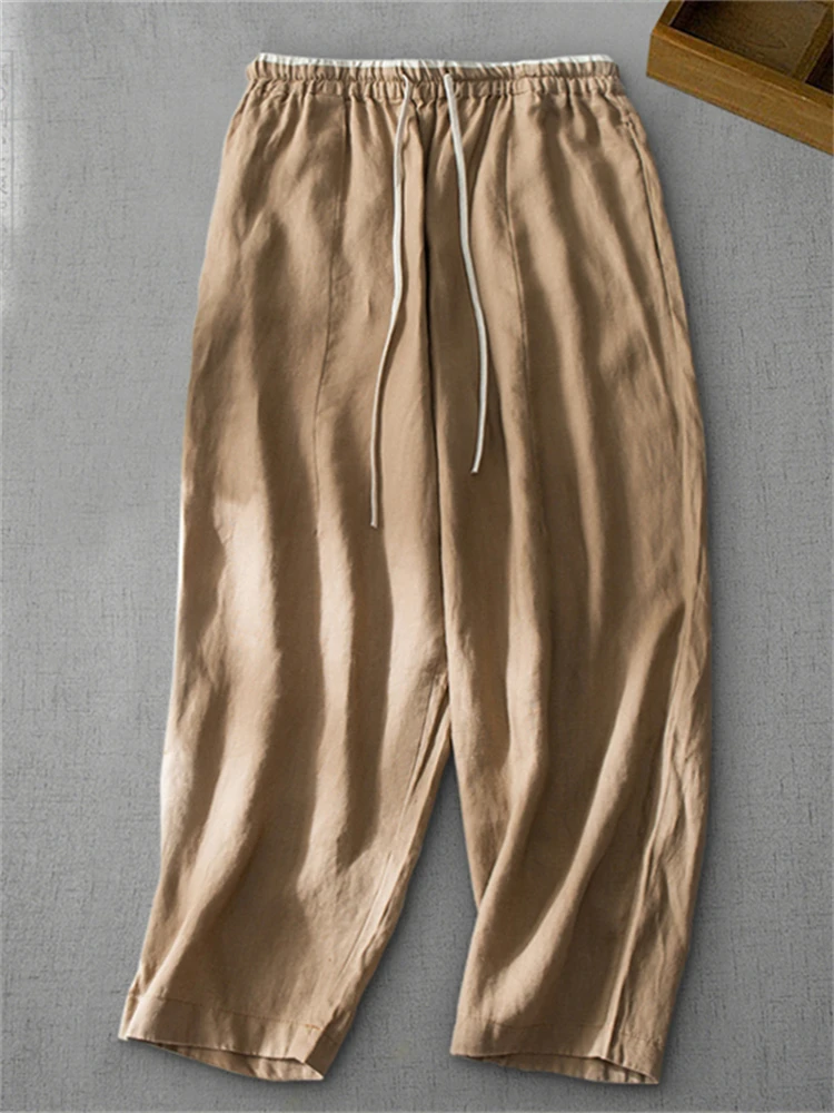 

Spring Summer New Fashion Solid Color Elastic Waist Patchwork Cotton Linen Women Pants Female Casual Loose Ankle Length Trousers