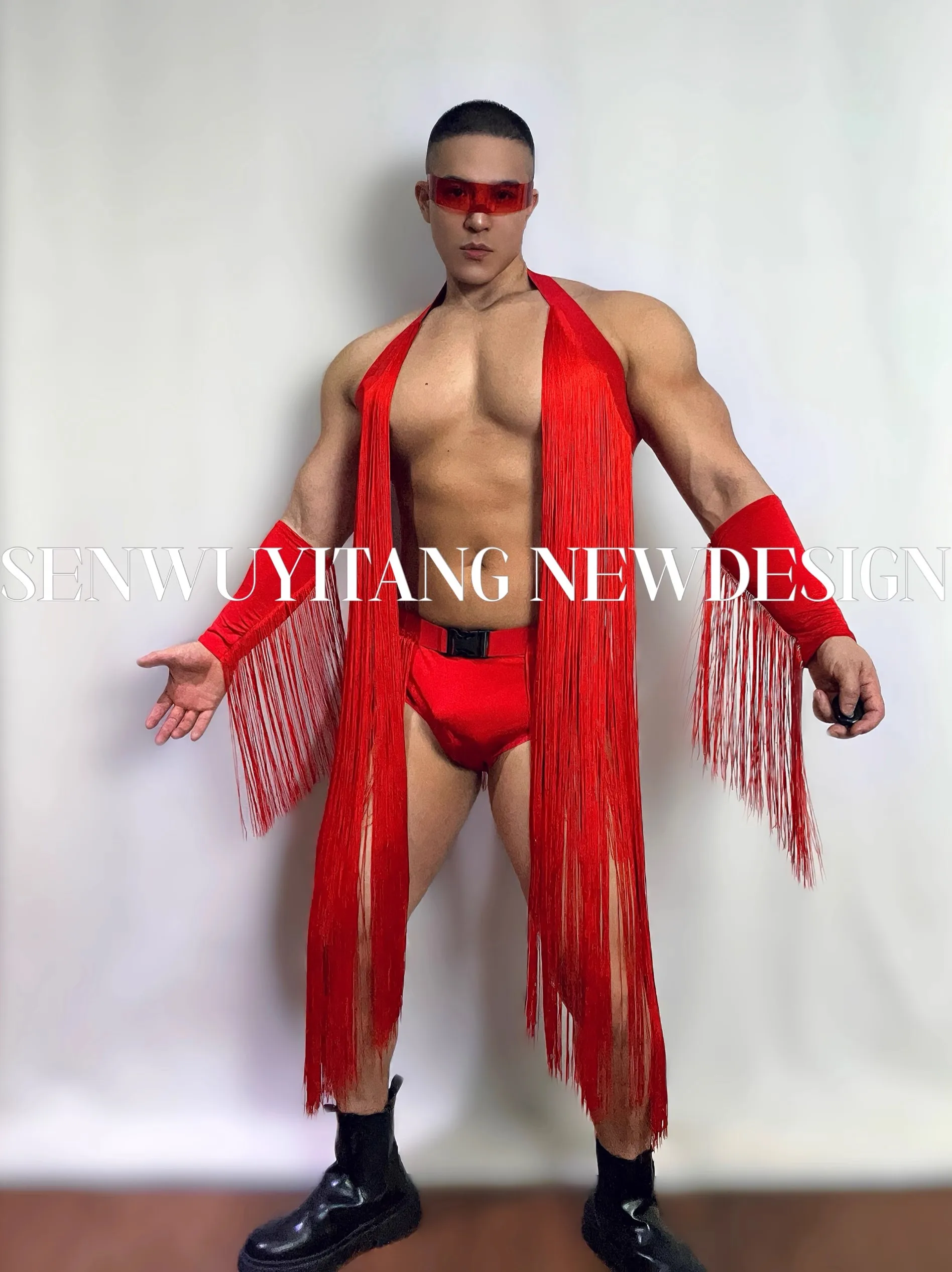 

Bar DS Men Women Singer GOGO Performance Costume Red Tassel Top+Belt+Cuff+Triangle Shorts 4pcs Jazz Dance Sexy Stage Party Wear