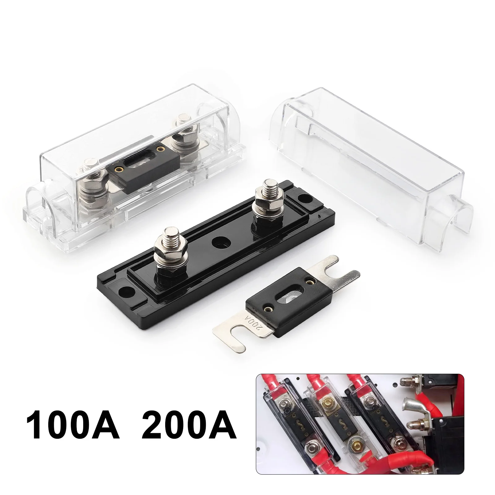 100A 200A Car Rv Modification Large Fork Bolt Fuse Holders Bolt-on Fuse Automotive Audio Fuse Holders Black, Transparent