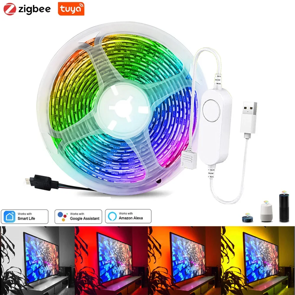 

USB Zigbee 3.0 Светодиодные фонари Tuya RGB светодиодная лента DC5V 5050 Светодиодная лента для телевизора Заднее освещение Декор Голосовое приложение Работает с Alexa Google Home