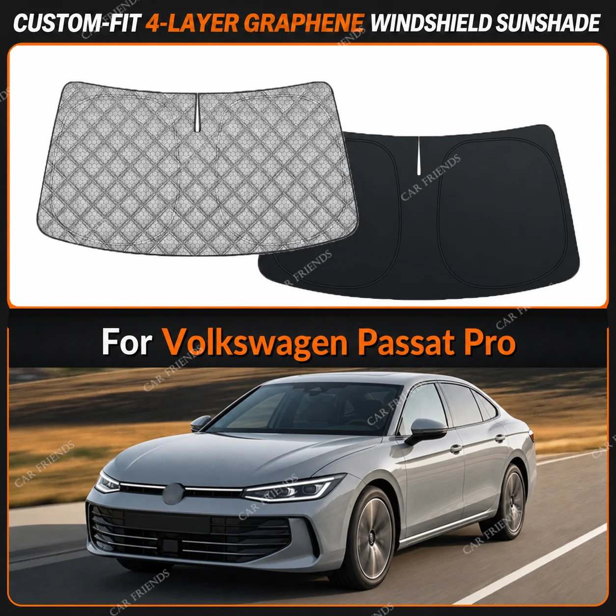For Volkswagen Passat Pro Custom-Fit 4-Layer Graphene Windshield Sunshade Reflective Gray-Silver Surface Foldable Design