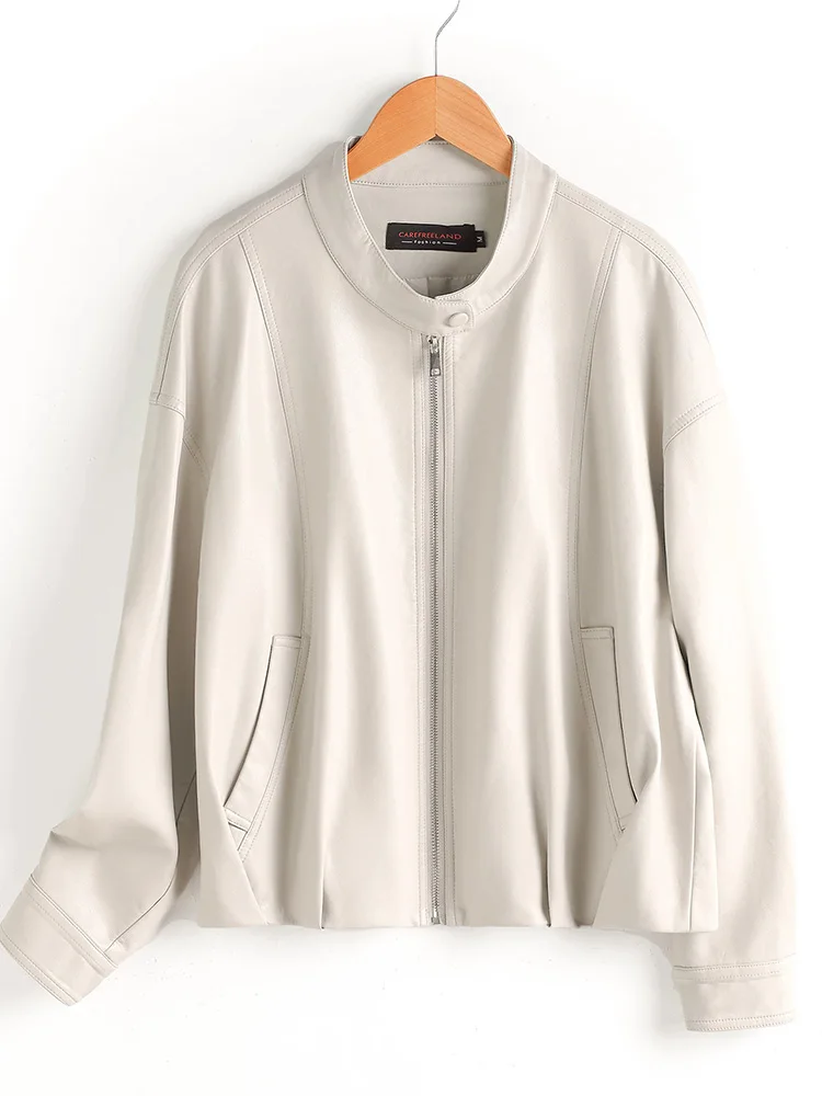 New Women Casual Loose Split Leather Jacket Spring Autumn Fashion Stand Collar Long Sleeve Daily Leather Coat Vintage Jacket