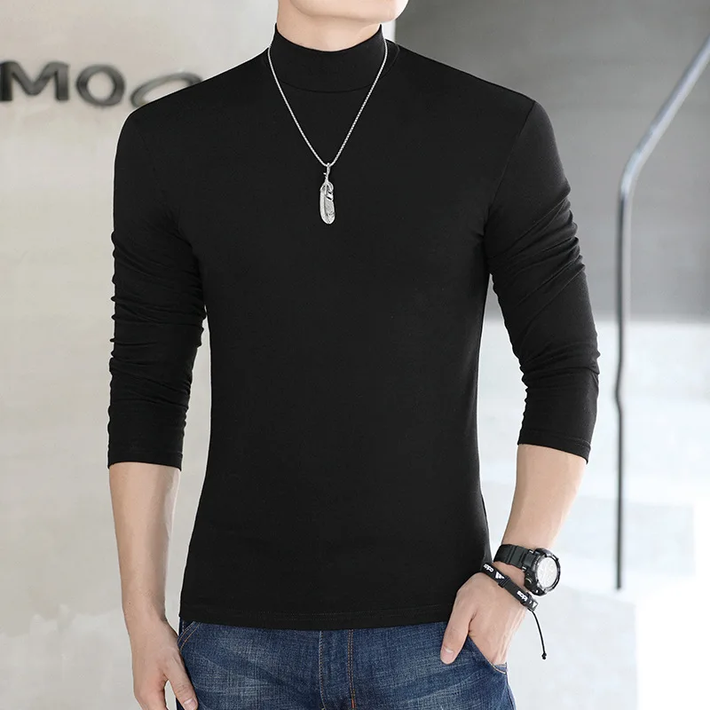 

2023 Autumn Winter Men's Thermal Long Sleeve Roll Turtleneck T-Shirt Solid Color Tops Male Slim Basic Stretch Tee Top T-shirts