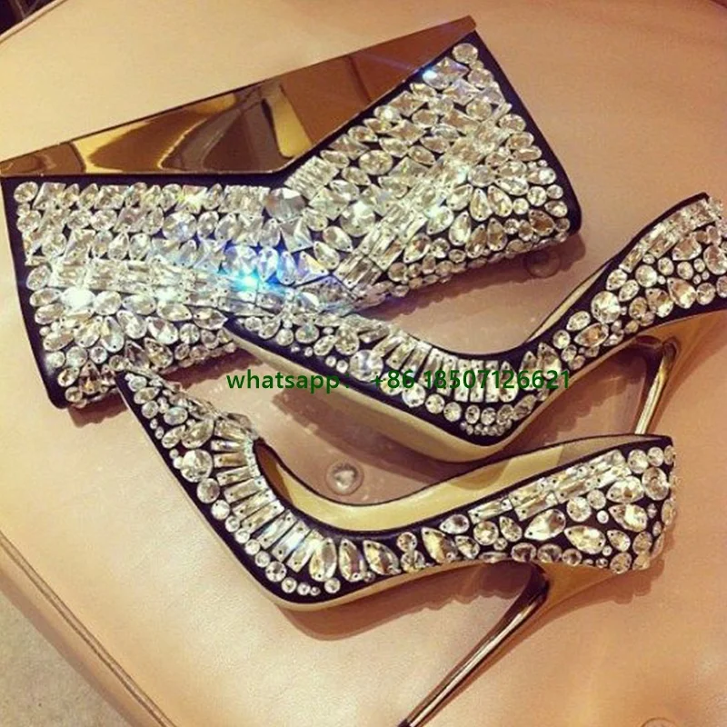 

Pointed Toe Full Rhinestone Metal Heel Stiletto High Heels Feminine Luxury Pumps