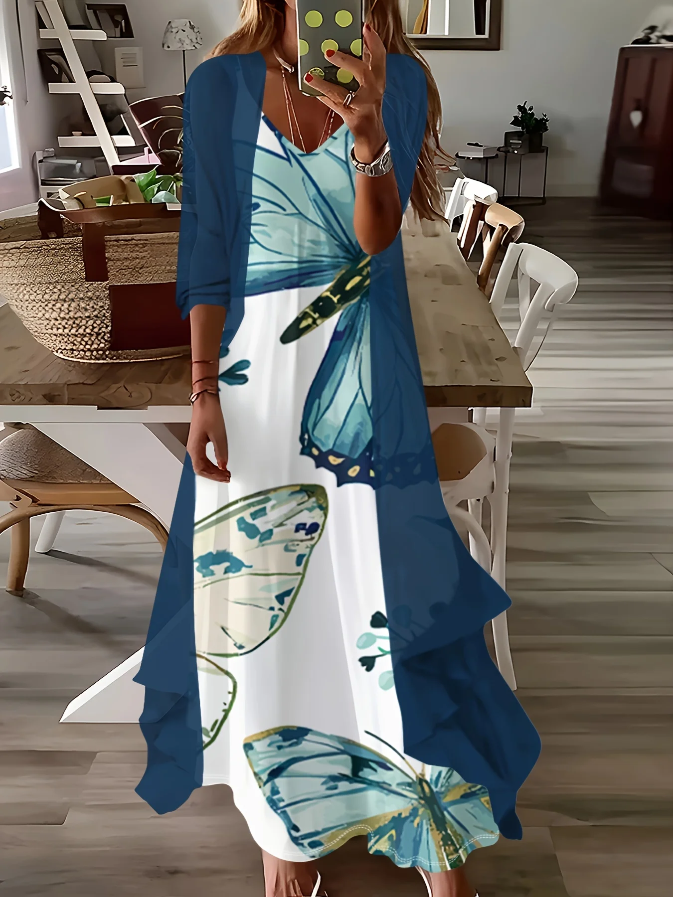 

casual style Butterfly Print Blue White Dress dress suit