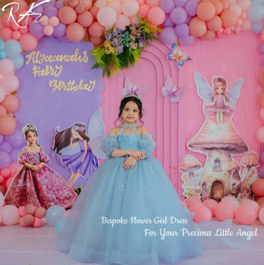 Halter Flower Girl Dress Cold Shoulder Puffy Short Sleeves Rhinestone Bodice Glitter Tulle Long Train Birthday Pageant Formal