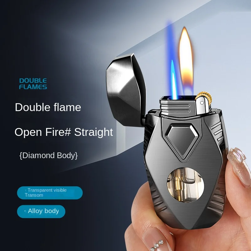 

2023 NEW Portable Metal Grinding Wheel Torch Lighters Double Flames Windproof Cigarette Lighter Mini Butane Gas Lighter Gift