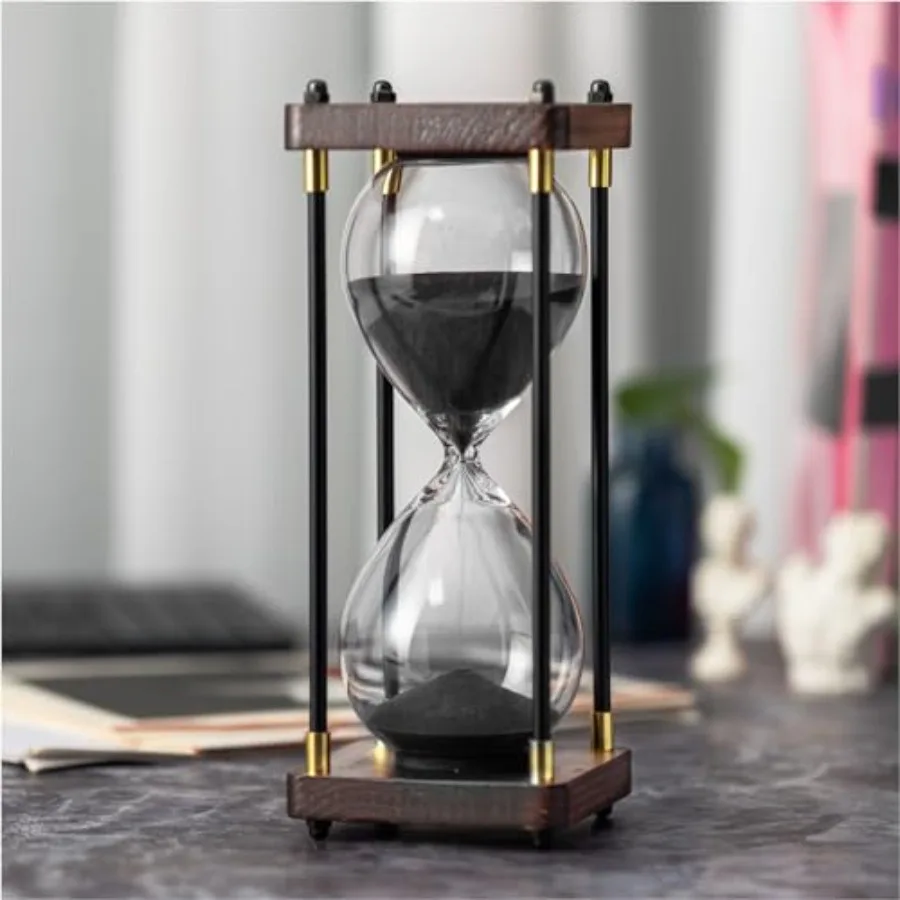 

Hourglass Timer 60 Minute Metal Wooden Frame Decorative Sand Timer Black Sand Large Size