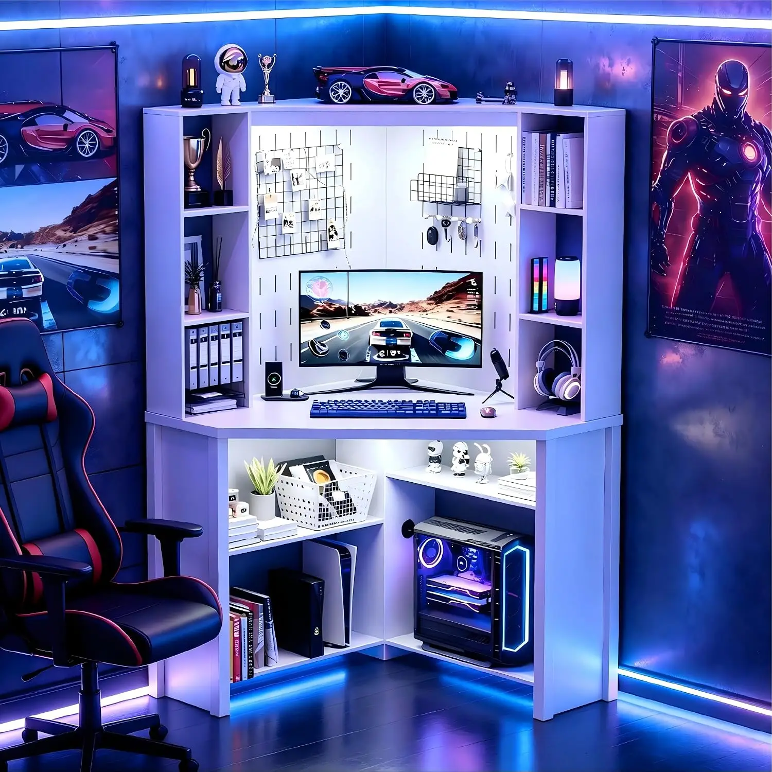 L-Shaped Corner Desk w/Hutch, LED Light & Charging Station, File Cabinet Storage, Home Office Workstation, Customized