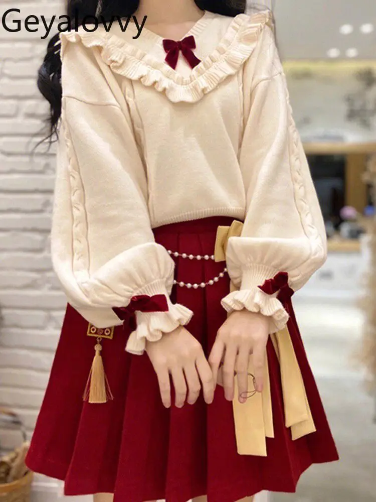 

Elegant Outfit for Women Woolen Red Long Sleeve Sweater and Pleated Skirt Autumn Winter Sweet and Cute Girl T\2 Piece Sets