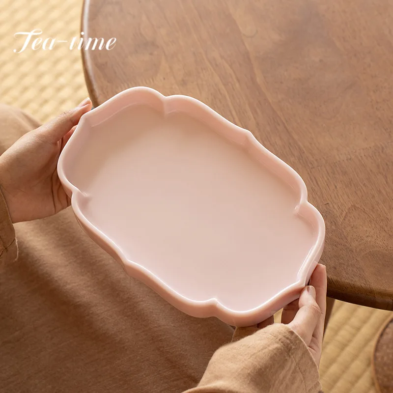 

Creative Pink Jade Clay Pot Bearing Palte Handmade Cherry Powder Begonia Dried Brewing Plate Women's Tea Table Tray Accessories