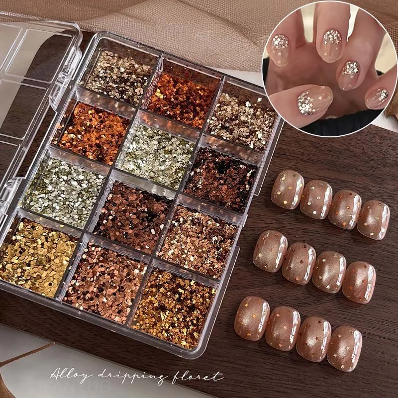 12-Grid Fall Winter Nail Art Glitter Sequins Mix Mocha Gold Dot Star Flakes DIY 3D Nail Decoration Charms for Manicure Design