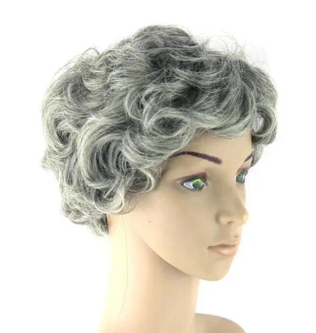 Peluca de pelo sintético para hombres y mujeres, pelo gris, negro, mezcla, blanco, corto, rizado, Cosplay