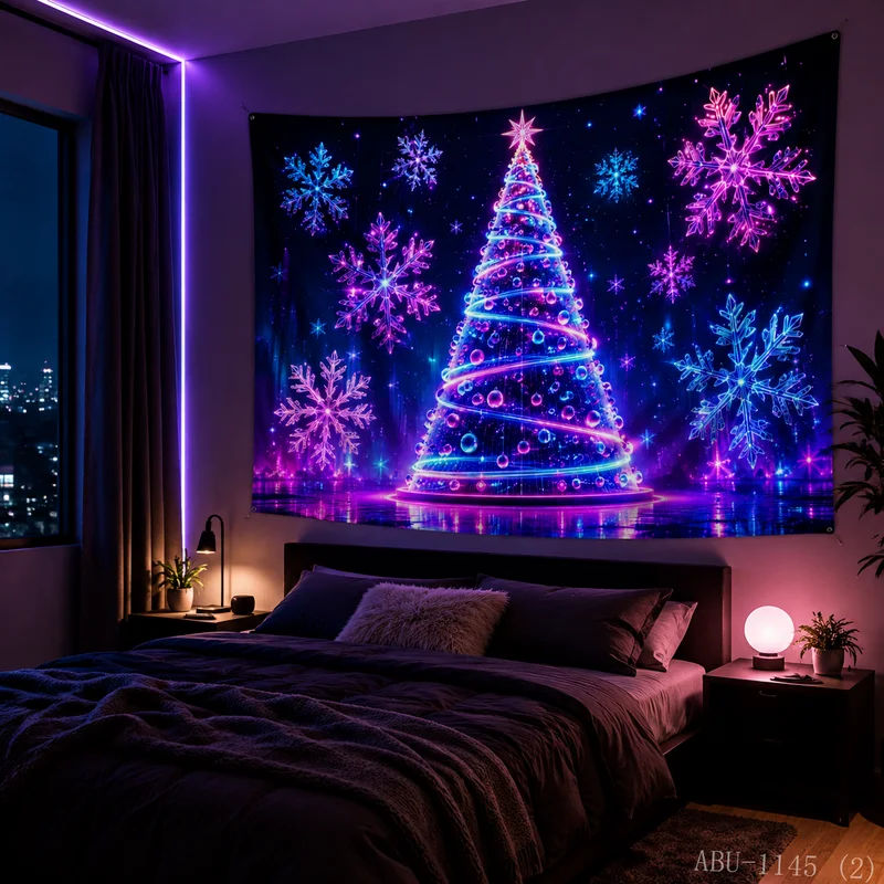 VIKAMA Neon Purple Blue Tree Meteor Rain Mountain Forest Starry Christmas Tapestry Bedroom Living Room Dorm Home Decor Boho Soft