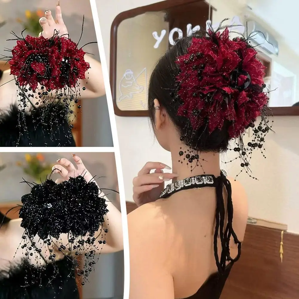 Vintage Mesh Flower Hair Claw Elegant Bright Silk Feather Bead Tassel Clip Women Temperament Headwear Hair Accessories