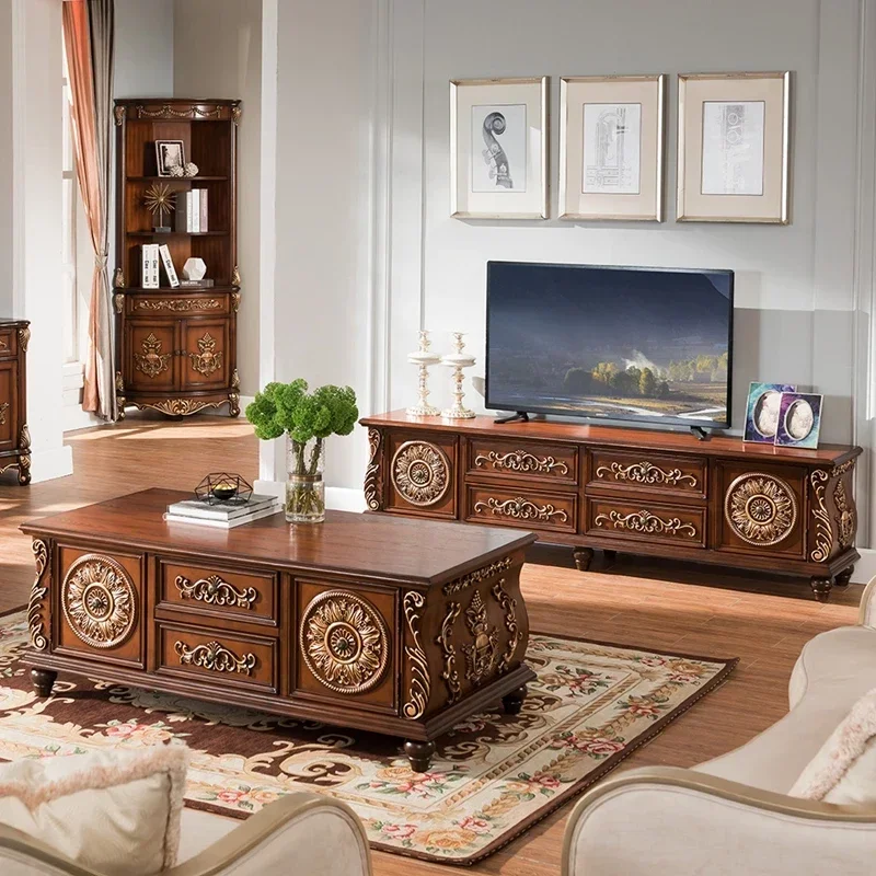 

Carved Floor Cabinet Vintage Gold Drawing Living Room Complete Set of Furniture 1.4 M Tea Table