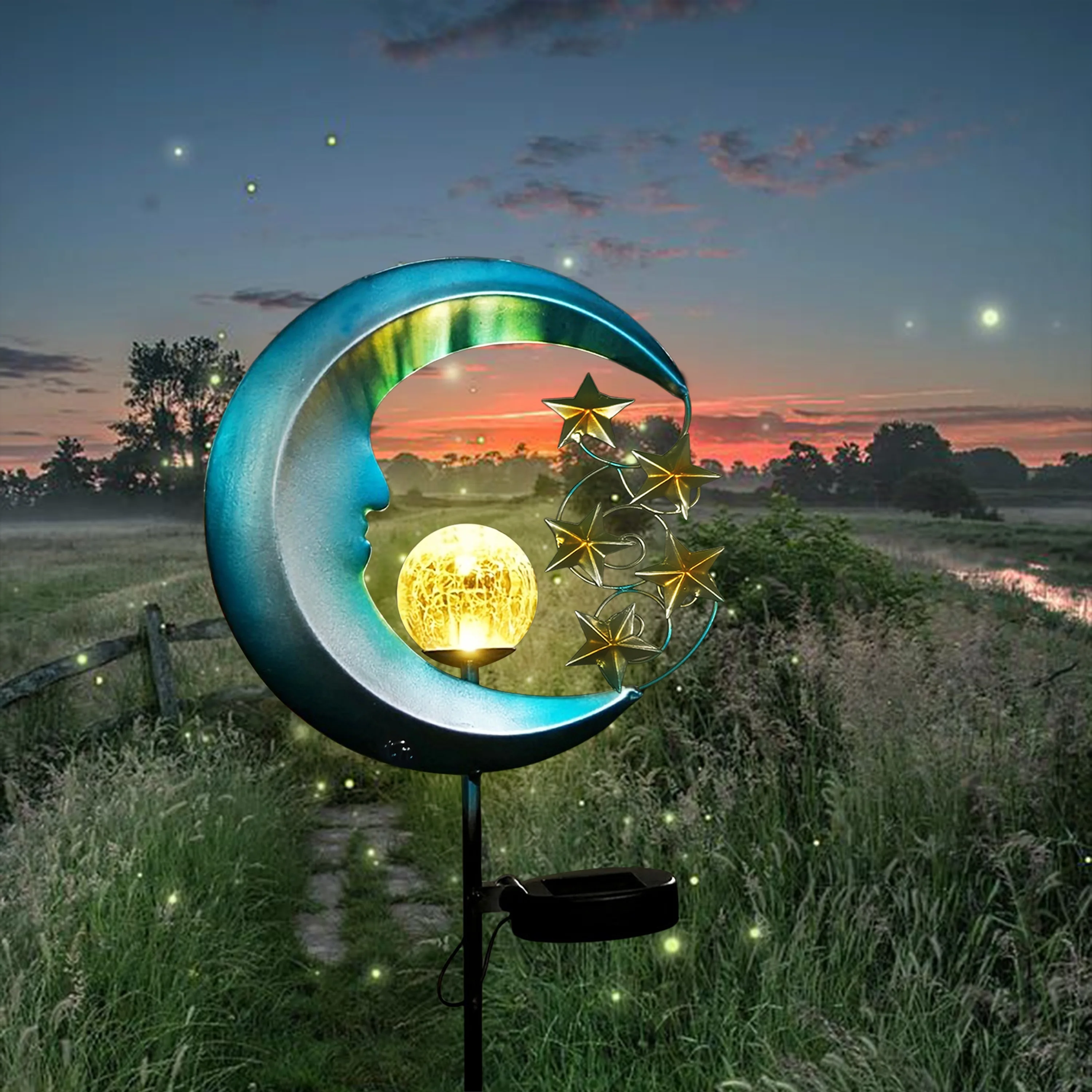 

1PC Celestial Solar Light - Blue Moon & Stars with Warm White LED, Auto Dusk-to-Dawn & IP65 for Garden/Pathway