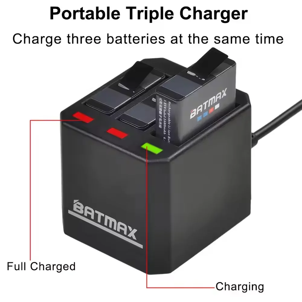 Batmax For GoPro Hero 8 Triple Charger Hero 7 6 5 Black USB Triple Charger with Type C Port Action Camera Accessory