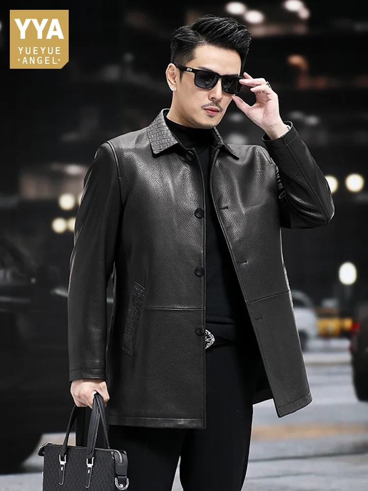 

Mens Goatskin Genuine Leather Jacket Business Man Work Slim Fit Single Breasted Long Coat Autumn Winter Windbreaker Trench 5XL