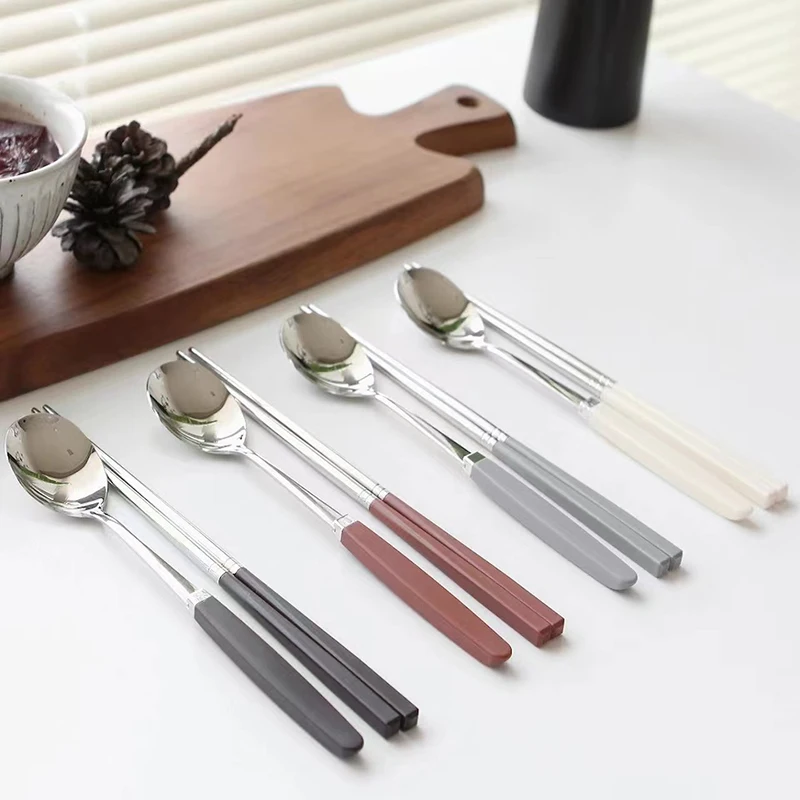 Korean Chopsticks Dessert Spoon Flatware Stainless Steel Cutlery Set Sushi Sticks Coffee Tea Spoons Set Portable Dinnerware Set