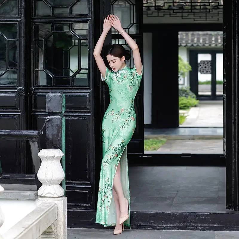 

Yourqipao, новое 4-цветное женское длинное платье Cheongsam больших размеров, тонкое винтажное летнее платье, новые костюмы в китайском стиле, сексуальное эластичное платье