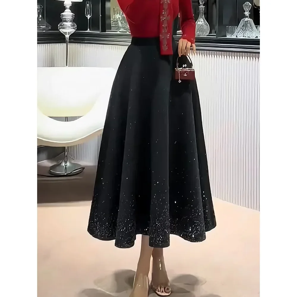 GALCAUR Solid Fashion Spliced Ruffles Fold Skirts for Women Patchwork Sequins Luxurious High Waist Skirt Female Autumn Clothing