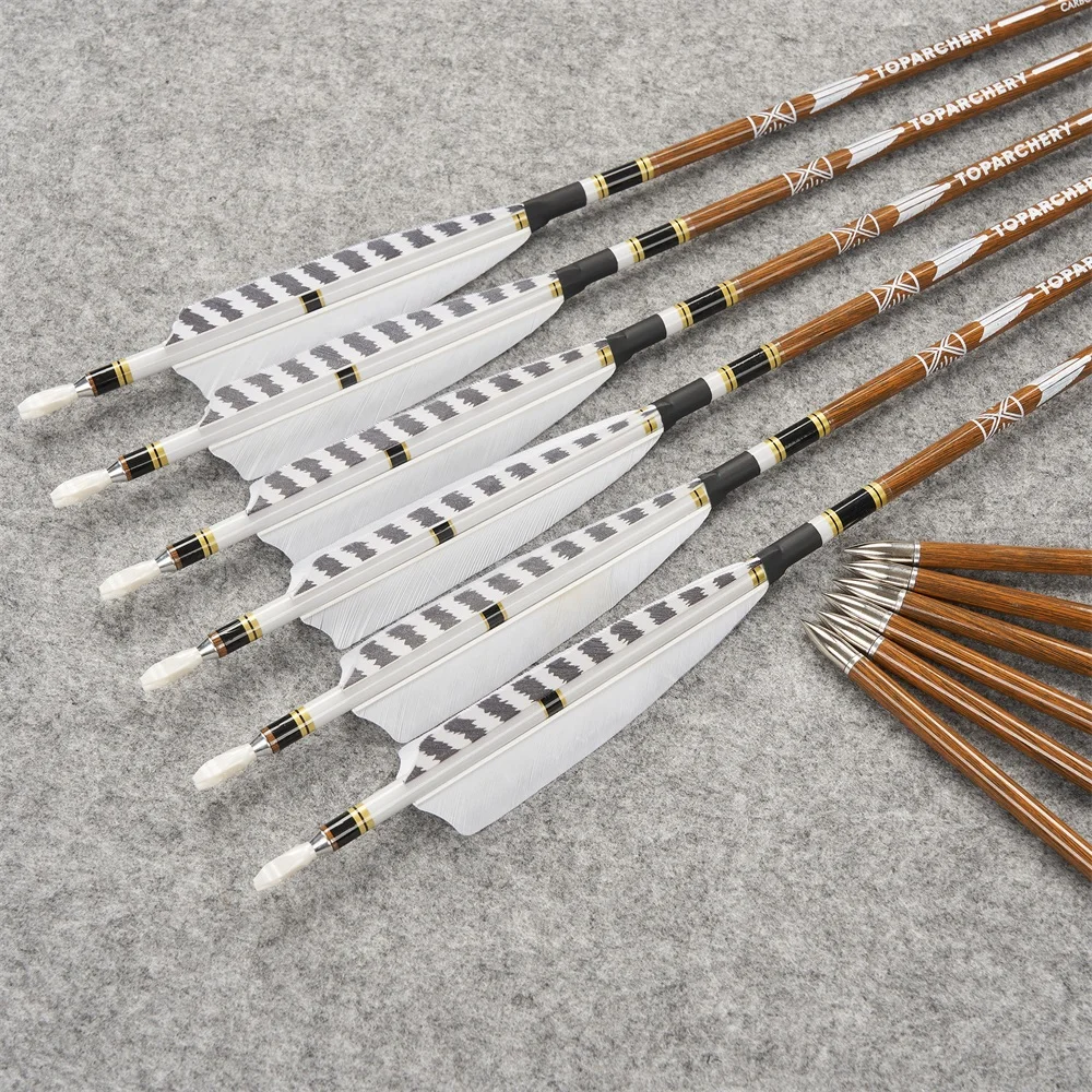 Image of 6/12/24 Stück reine Kohlenstoffpfeile mit schwarz-weiß gestreiften echten Federn | Spine 300-600 für Outdoor-Bogenschießen, Schießen, Jagd