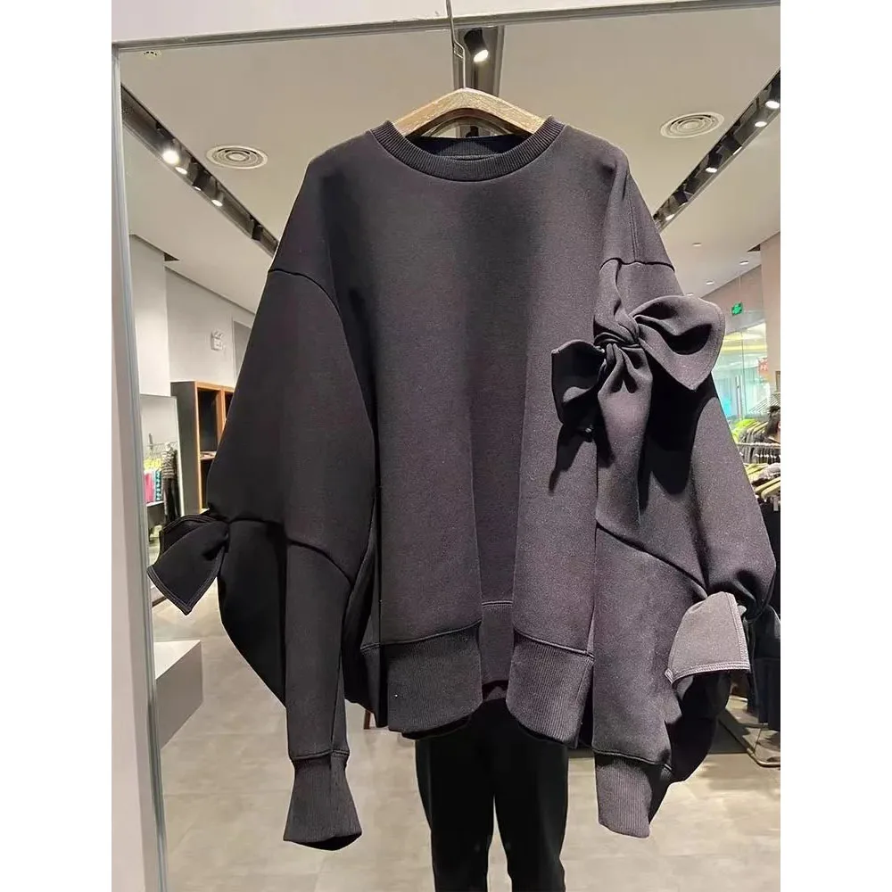 

2025 однотонные лоскутные повседневные толстовки с бантом для женщин, круглый вырез, длинный рукав, минималистичный свободный пуловер, женский новый свитшот