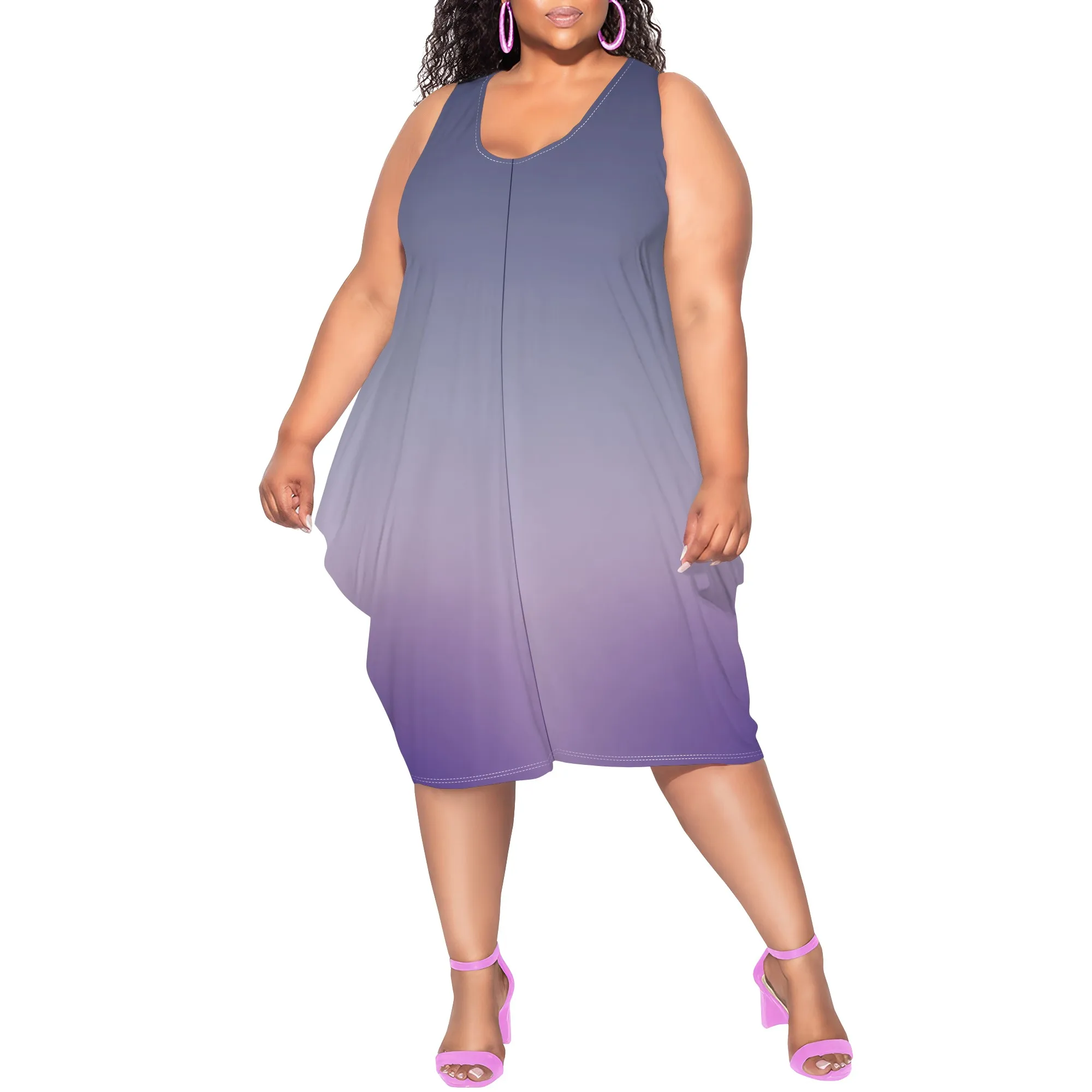 

Women's U-Neck Sleeveless Midi Dress Gradient Oversized Pleated Below Knee Dress Summer Trend Vocation Dress