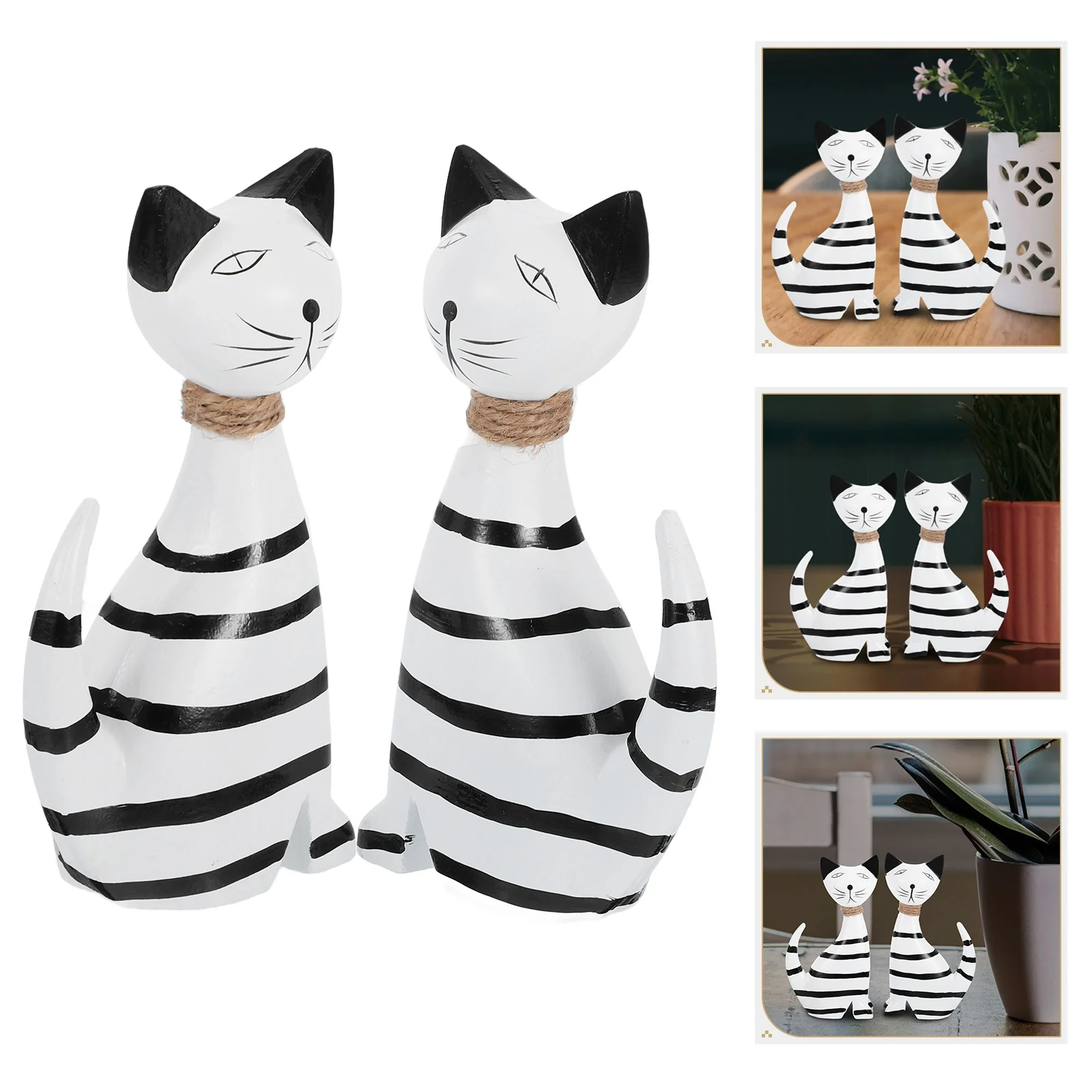 

2Pcs Wooden Cat Figurines Nordic Minimalist Striped Small Sculptures Desktop Animal Decor for Home Office Decor Figurines