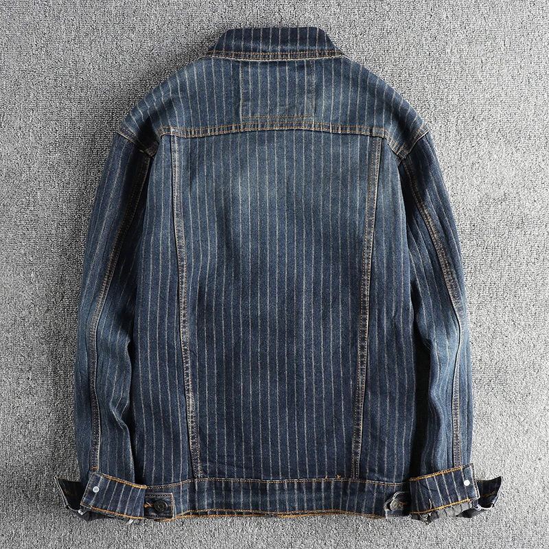 Autumn And Winter New American Retro Men\'s Striped Washed Old Casual Denim Jacket Fashion Loose Casual Coat