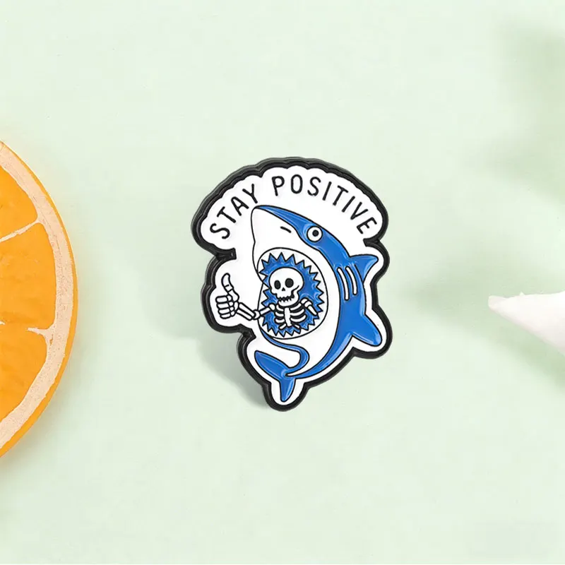 Stay Positive Skeleton In Shark Mouth Badge Dark Humor Skeleton Thumb Up Enamel Pin Bag Lapel Badge Fashion Jewelry Gift Brooch