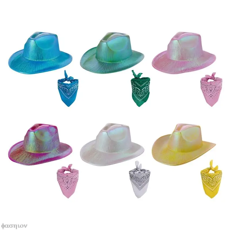 Cowgirl Hat With Bandana Metallic Holographic Cowboy Hats Cowboy Hat Bachlorette Halloween Party Carnival For Men Women Western