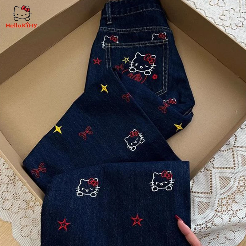 

Джинсы Hello Kitty для девочек, свободные широкие брюки, весна и осень, новый стиль, модные популярные студенческие повседневные брюки со средней талией