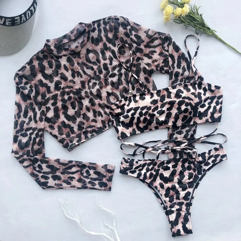 

Leopard Print 3pcs Bikini Set with Cover Up Top Mesh Long Sleeve Women Swimsuit 2026 New Backless Bandage Bathing Suit Swimwear