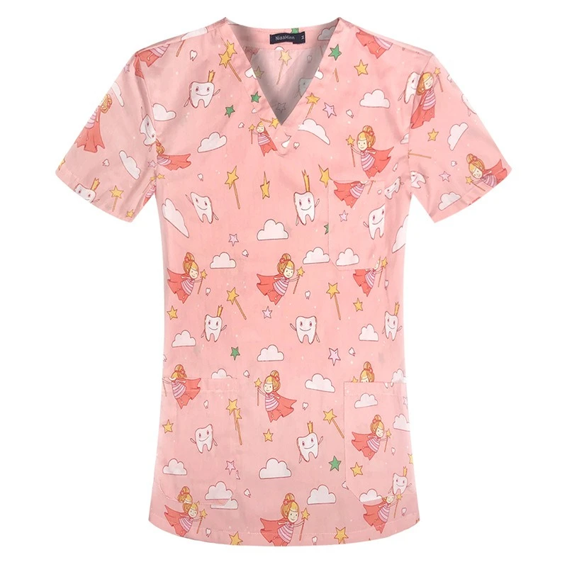 멀티 만화 인쇄 의사와 간호사 여성 v 넥 반팔 티셔츠 탑 바지 수술복 작업복 정장