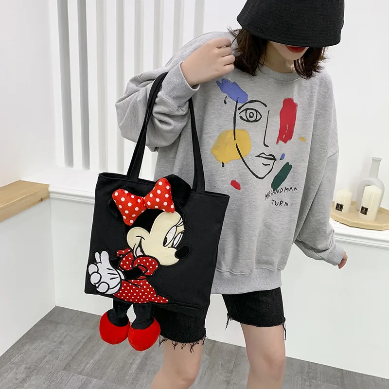 Disney Minnie Mouse Canvas Bag Women\'s Large Capacity Shoulder Bag  Mickey Canvas Shoulder Bag Handbag Shopping Bag Tote Bag