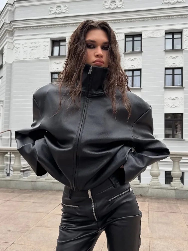 Cropped Faux Leather Jacket High Stand Collar Full Zip Up Shoulder Pad Loose Long Sleeve Coats Women Casual Autumn Winter Coat