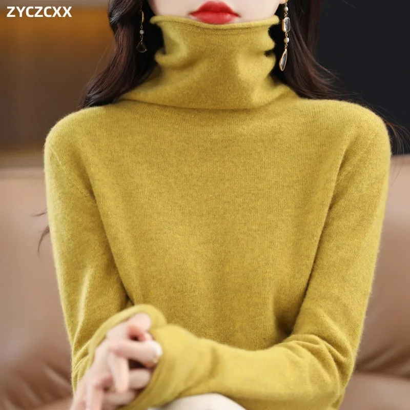 100% Merino Wool Turtleneck Pullover Knitwear Women\'s New Autumn And Winter Warm Sweater Women\'s Solid Color Pile Neck Sweater