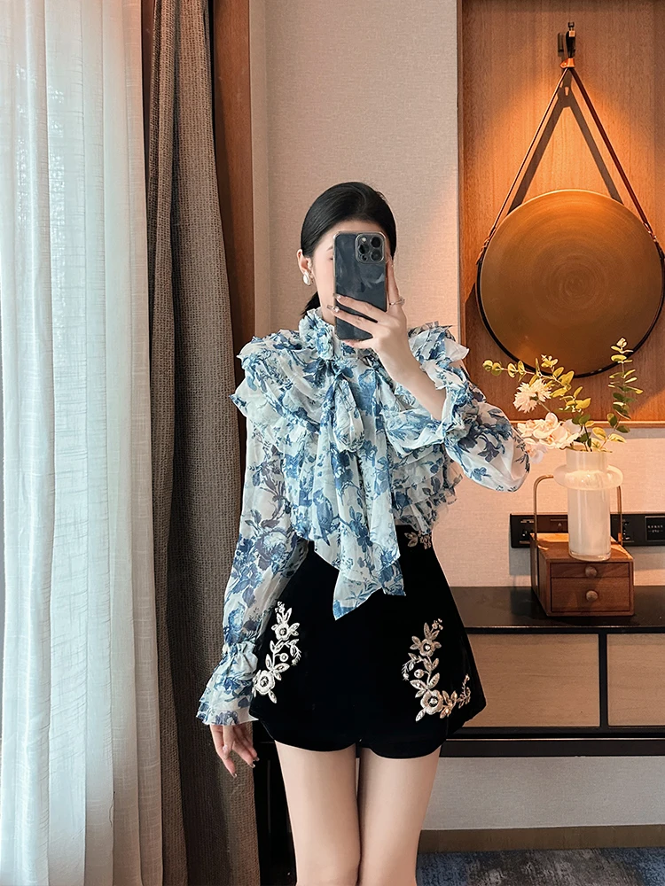 Ele BETTER LS Women's Silk Chiffon irt Floral Print Stand Collar Bell Sve Top Korean Sle Commute Faion Premium F...