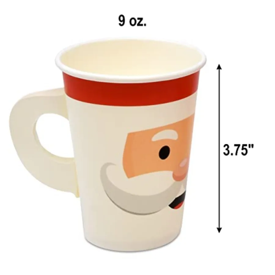 50 Pc Christmas Disposable Paper Cups with Handles 9oz Santa Face Beverage Drinking Cup for Winter Xmas Festive Holiday Table P