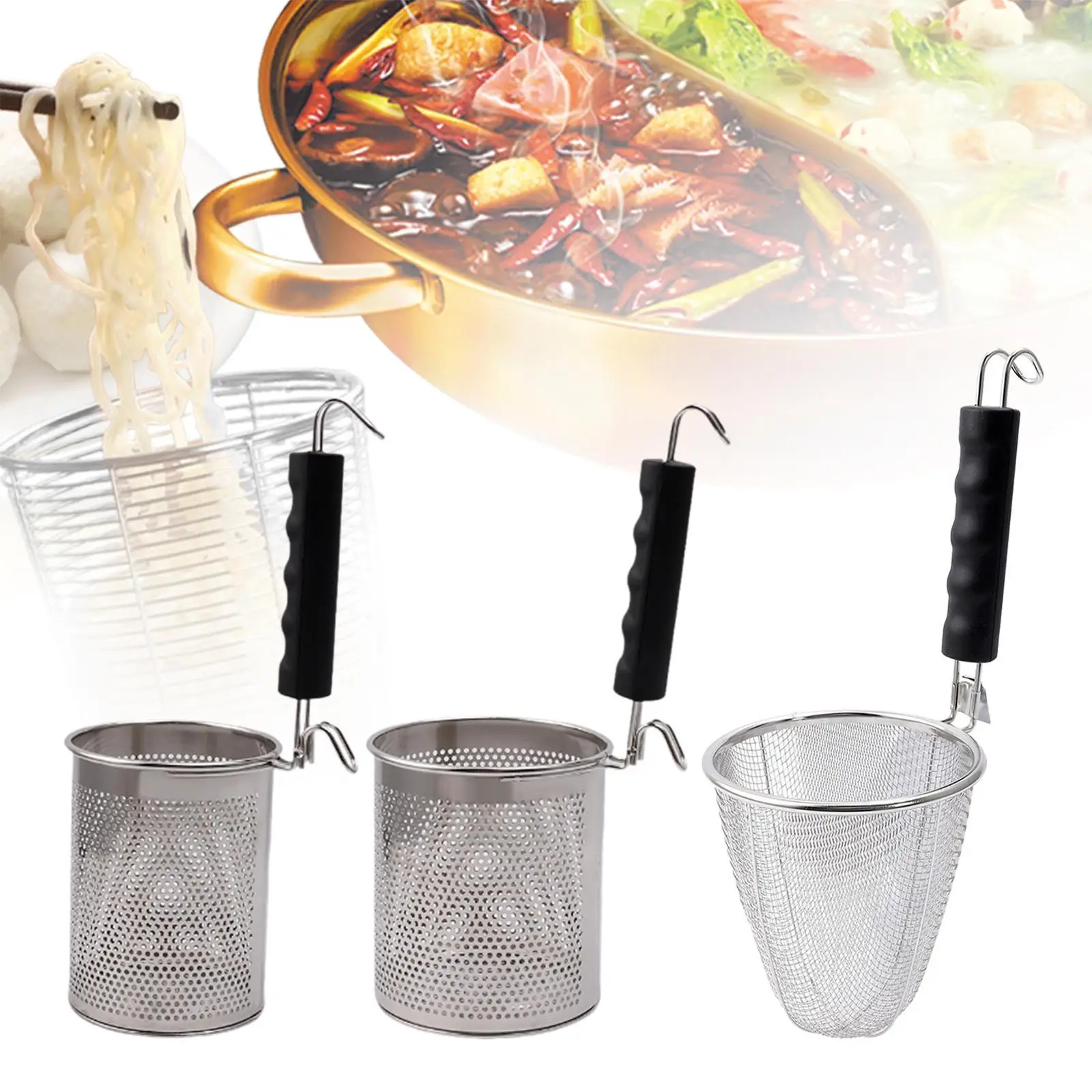 Cesta coladora de fideos de acero inoxidable con malla, cuchara escurridora de pasta con mango para cocinar verduras y huevos