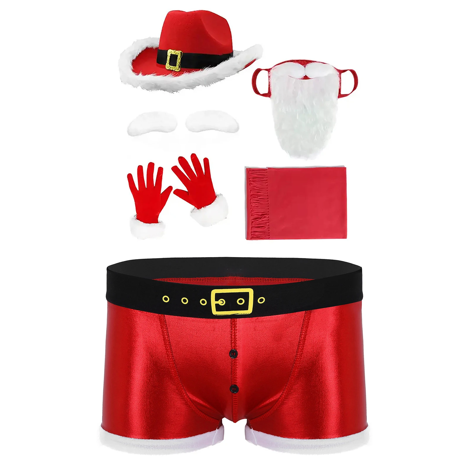 

Mens Role Play Lingerie Set for Christmas Tempting Nightwear Suit Red Underwear with Hat Eyebrows Beard Gloves Scarf Props Set