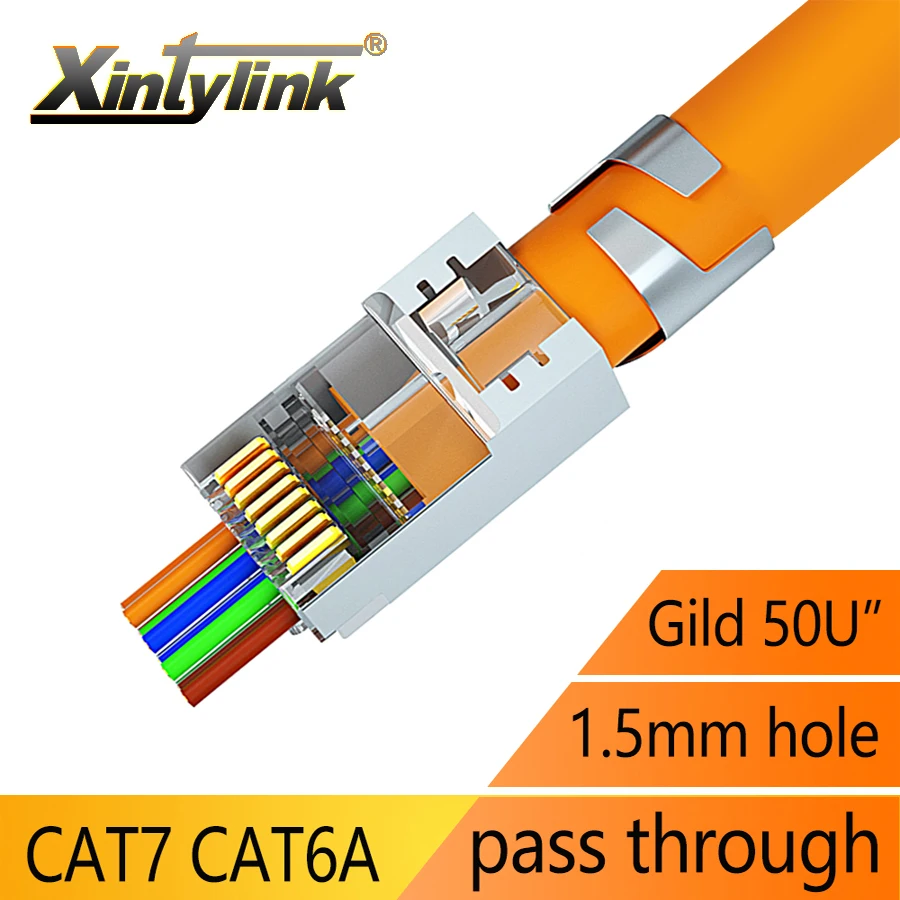 xintylink CAT8 CAT7 CAT6A rj45 connector 50U RJ 45 ethernet cable plug network SFTP FTP shielded jack 1.5mm hole pass through