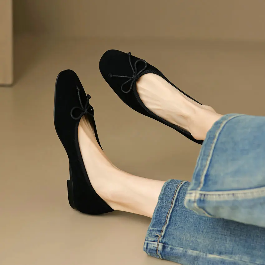 QUTAA 2024 Women Flats Heel Spring Summer Kid Suede Round Toe Basic Black Office Lady Working Shoes Woman Size 34-43