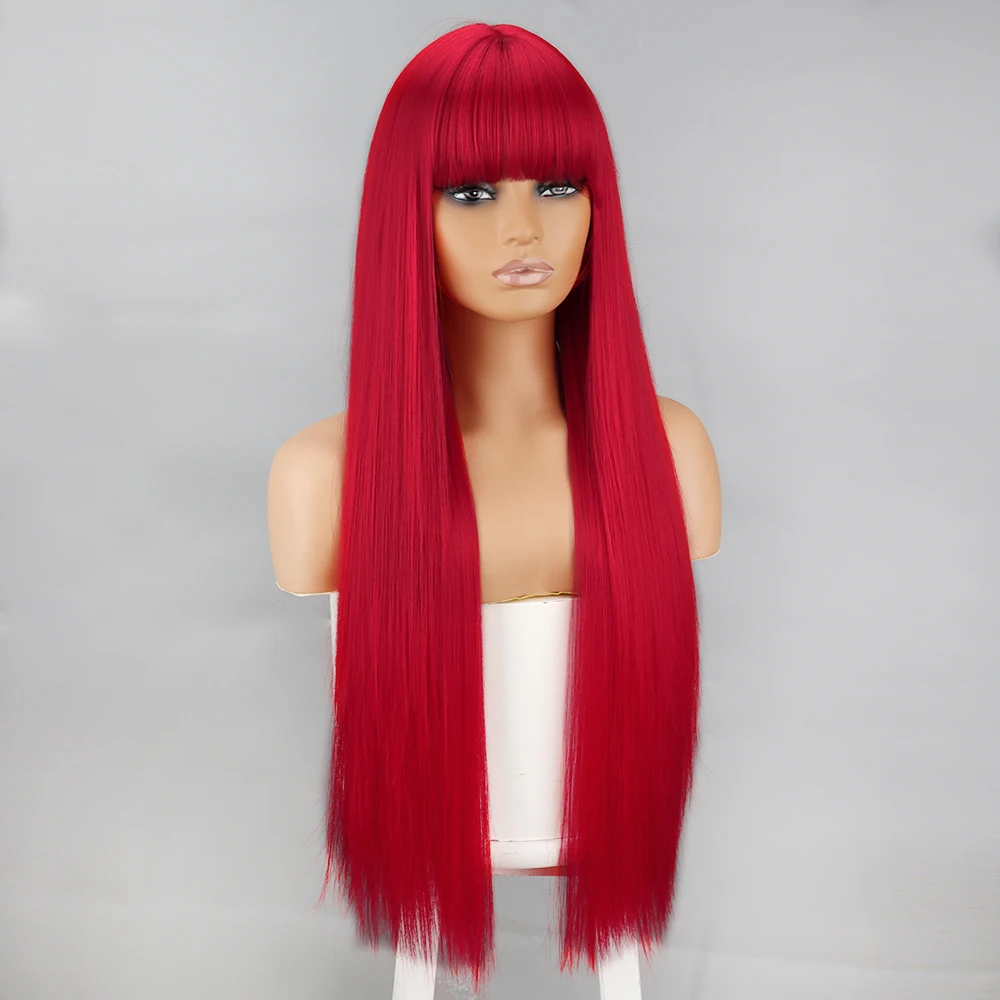 WERD wig sintetis panjang lurus wig merah dengan poni untuk wanita hitam Cosplay pesta penggunaan sehari-hari rambut alami