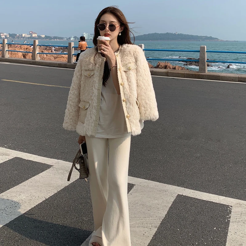 Rimocy Winter Round Neck Lamb Wool Jacket Women Korean Fashion Single Breasted Faux Fur Coats Woman Warm White Fluffy Coat Mujer